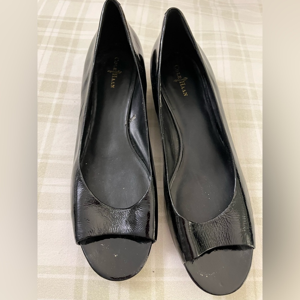 Nike Air x Cole Haan black patent leather peep toe wedge heels, size 11